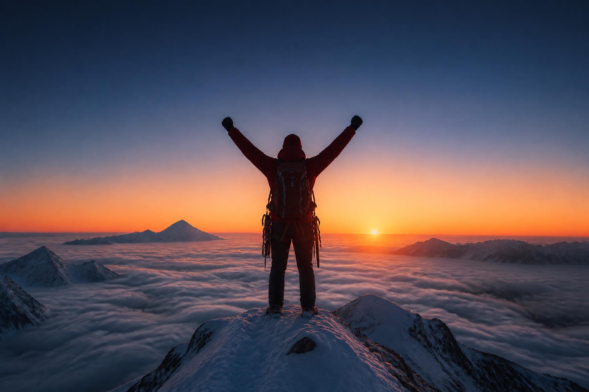 Climber celebrating at a snowy mountain summit at sunrise