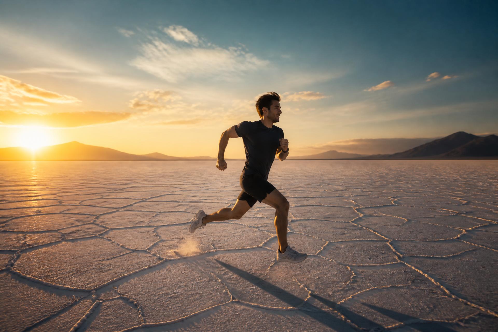 Runner sprinting across a salt flat at sunset